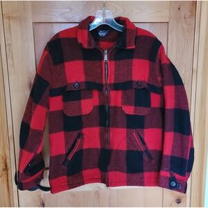 Vintage Woolrich 100% Wool SMALL Buffalo Check Red‎ Quarter Zip Sweater Pockets